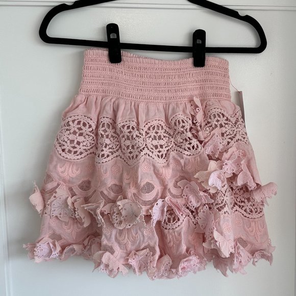 Alice + Olivia Tiered Ruffles Mini Skirt Pink Embroidered Smocked Waistband